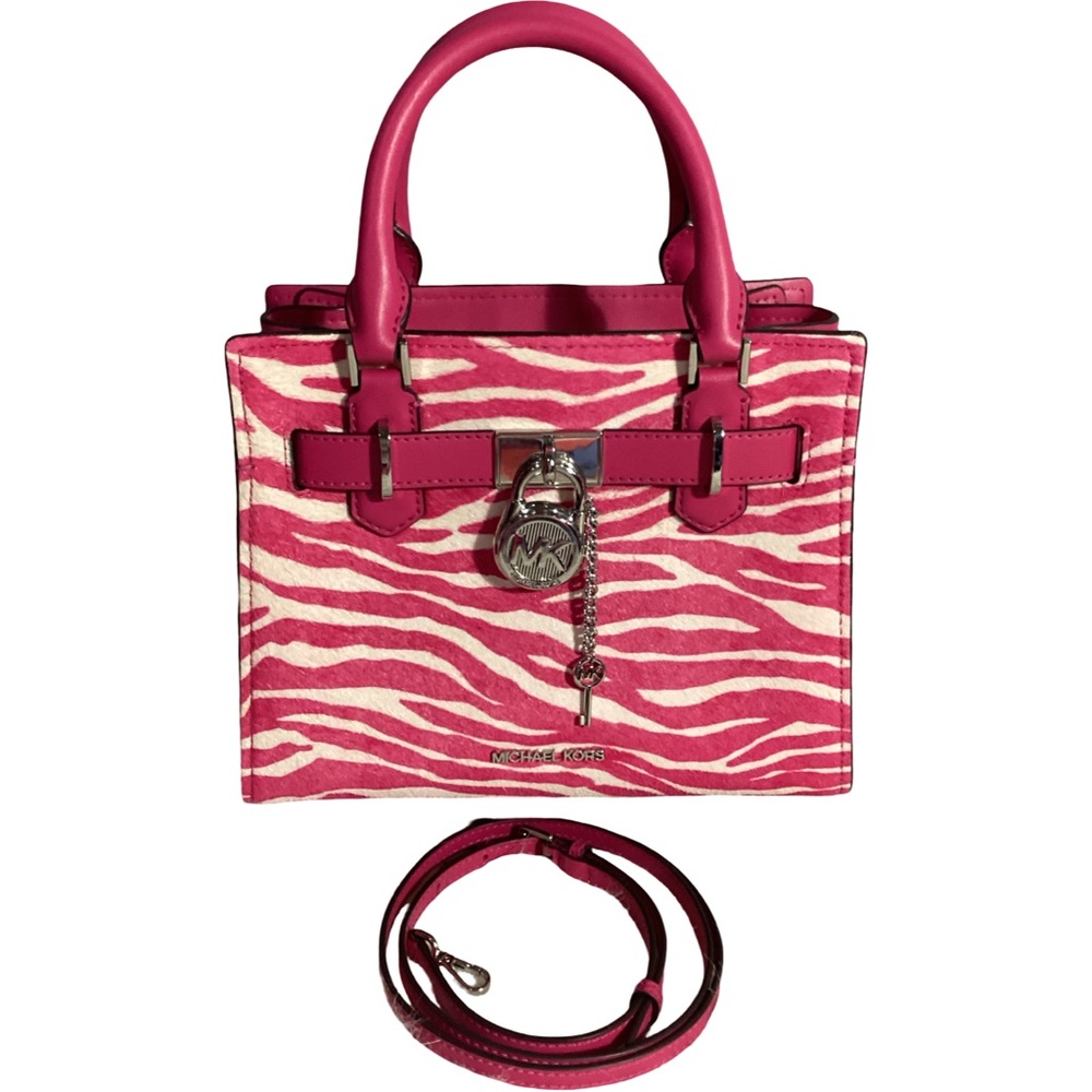 Michael Kors Small Hamilton Pink Zebra Print Calf-Hair Satchel Crossbody Bag